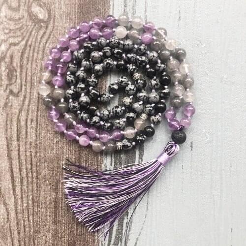 108 Mala Beads Knotted Necklace Snowflake Obsidian Cloudy Q-uartz Mala Necklaces Chakra Jewelry Handmade Tassel Boho Necklace
