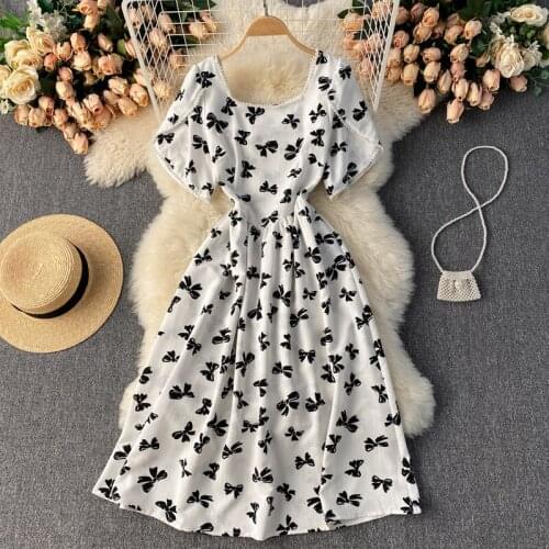 2021 summer new dress female sweet age-reducing bowknot printed beaded short-sleeved slim ladies dress