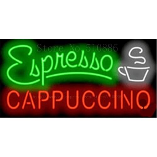 Espresso & Cappuccino with Cup Neon sign Real Glass Tube Bulbs Light Bar Beer Club Decoration Signboard coffee drink 17"x14"