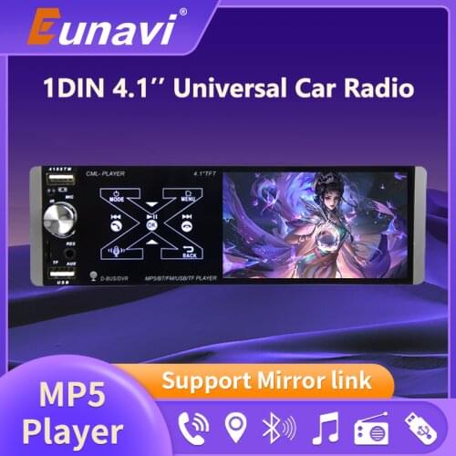 Eunavi 1 Din Car MP5 4.1'' MP5 Player HD Smart AI Voice Function Suppport FM AM RDS Rear Input Subwoofer Output Universal Radio