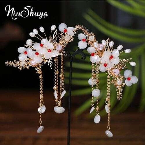 NiuShuya Chinese Ancient Style Hanfu Headdress Flower Tassel Step Shaking Head Hairpins Hair Accessories
