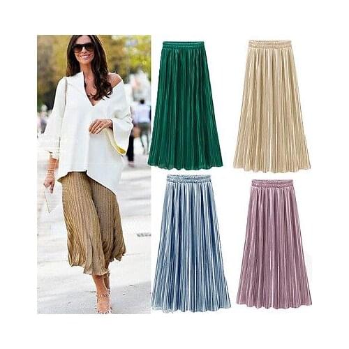 Hot Sale Women Casual Silky Mid-length Pleated Skirt Fashion Girls High Waist Long Flared Ladies Skirts
