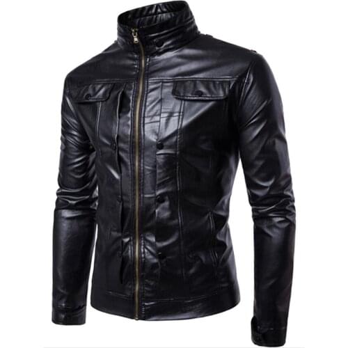 Stand collar leather jacket men motorcycle coat mens jackets Multi-button decoration clothes personalized stage street fashion