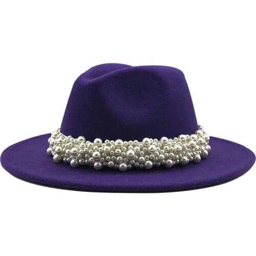 Hot Women Wool Fedora Hat With pearl Ribbon Gentleman Elegant Lady Winter Autumn Wide Brim Church Panama Sombrero Girl Jazz Cap