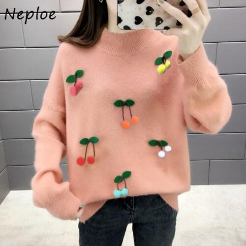 Neploe Fashion Cherry Decoration Sweater Half Turtleneck Long Sleeve Knitting Pullover Women 2021 Autumn Winter All Match Tops