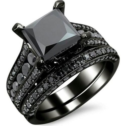 Milangirl Modyle New Fashion Cocktail Party Ring Set Square-cut Black Cubic Zirconia Black Fashion Jewelry