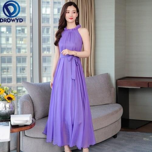 Oversized Beach Dress Women 2021 Summer Halter Straps Chiffon Long Bohemian Dress Solid Loose Waist Sleeveless Party Vestidos