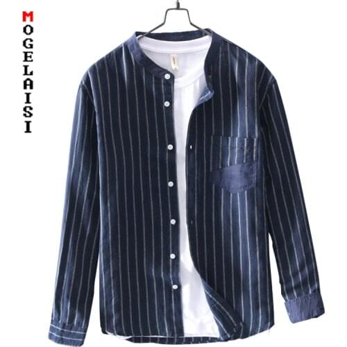 2019 New casual shirt men linen cotton striped spring breathable long sleeve shirts man flax Comfortable brand tops LZ-750