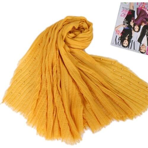 Plain Crinkled Muslim Scarf Beading Pearl Breathable Cotton Linen Islamic Scarf Women Hijabs Turban Long Shawl Headband 200x90cm
