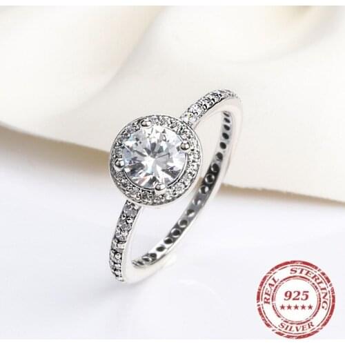 Original Silver 925 Ring Luxury Clear 6mm Round Crystal CZ Stone Wedding Rings for Women Silver 925 Jewelry