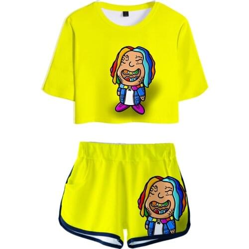 Hot Yellow Sets 3D 6IX9INE Exposed Navel T-shirt +shorts womens two-piece sets Comforable 3D 6IX9INE girls Casual Pretty Suits