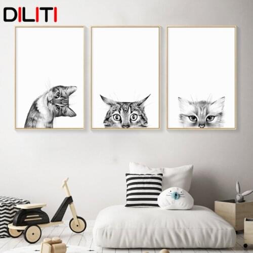 Cat Funny Cat Animal Nursery Wall Art Black White Minimalist Canvas Painting Nordic Posters and Prints for Baby Kids Room