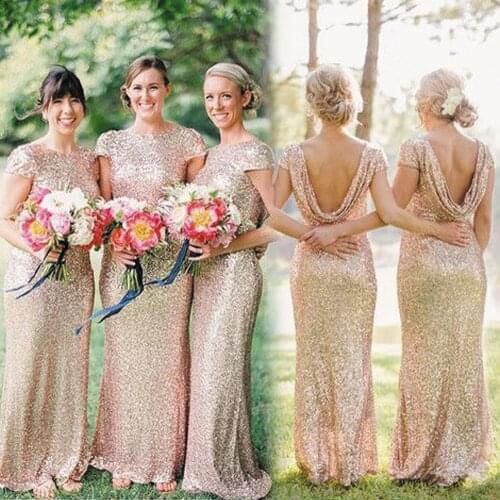 SuperKimJo Robe Demoiselle Honneur Rose Gold Bridesmaid Dresses Long Sparkly Short Sleeve Elegant Cheap Wedding Party Dress