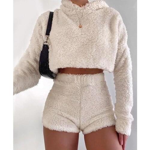 Warm Yoga Set Women Fitness Clothing Solid Plush Hooded Tops Shorts Padded Sportswear Women Two Piece Suit Strappy Sports Suits