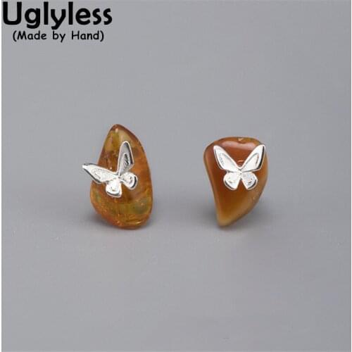 Uglyless Random Irregular Triangle Amber Studs Earrings for Women Handmade Butterflies Earrings 925 Silver MINI Insects Jewelry
