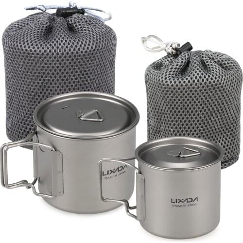 Lixada Ultralight Titanium Cup Outdoor Portable 2PCS Cup Set 550ml 350ml Camping Picnic Water Cup Mug with Foldable Handle