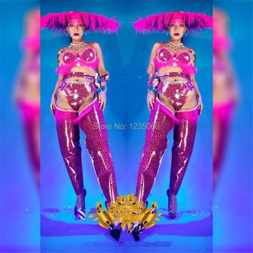 WYY Nightclub Sexy Lady Pink Leopard Dance Suit With Feathers Pink Big Hat Halloween Ballroom Costumes Party Performance Clothes