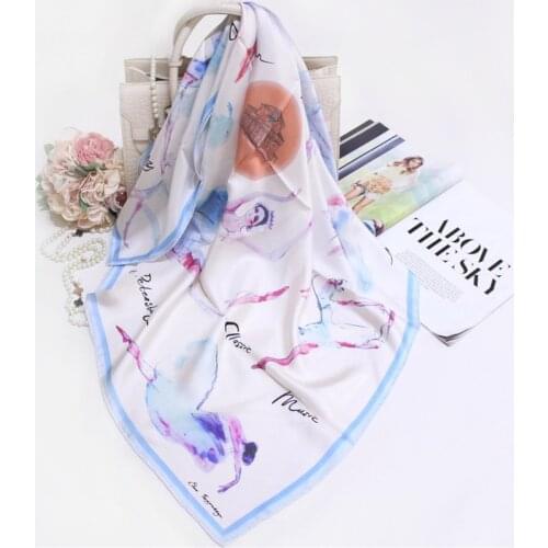 POBING 100% Real Twill Silk Scarf Women Dancer Girl Print Square Scarves Wraps Rolled Foulards Femme Bandana Silk Hijabs 90CM