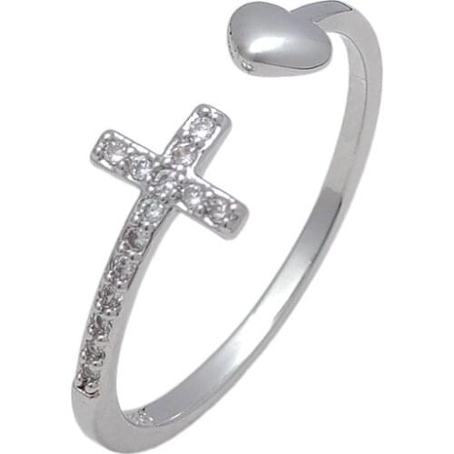 1Pcs Silver Color Alloy Cross Heart Rhinestone Mosaic Opening Ring Simple Round Single Row Zircon Ring Fashion Jewelry