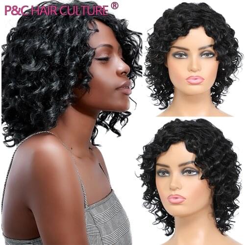 Short Synthetic Hair Deep Wave Wigs With Bangs For Black Women African Curly Wave Wig High Quality Machine Made Glueless Pelucas