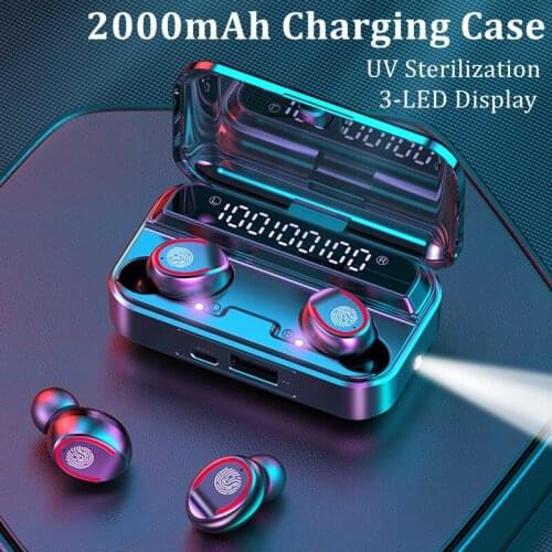 Bluetooth 5.1 Earphone Wireless Headphones 2000mAh Charging Case LED 9D Stereo Noise Canceling Earbuds With Mic Fashlight UV