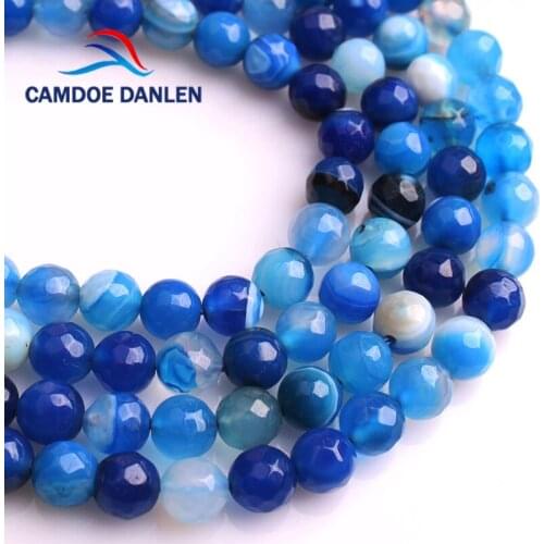 CAMDOE DANLEN Natural Stone Faceted Loose Bead Blue Lace Stripe Round Beads 6 8 10 12MM DIY Bracelet Beads For Jewelry Making