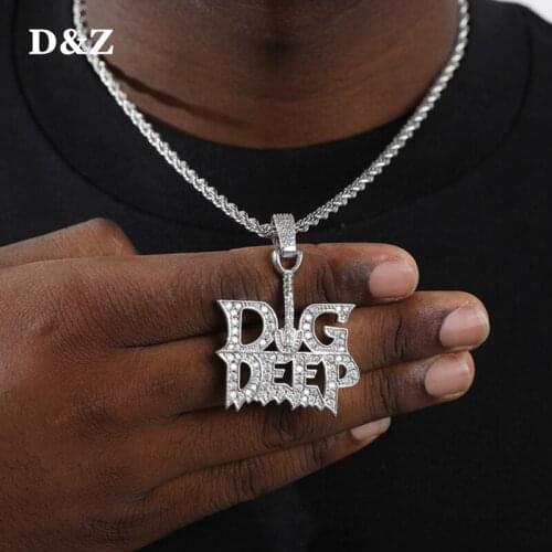 D&Z New ''DIG DEEP'' Letter Pendant Micro Paved AAA CZ Hip Hop Gold Silver Color Charm Chains With 4mm Rope Chain Jewelry Gift