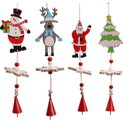 Wooden Santa Clause Bell Hang Pendant Christmas Tree Decorations Elk Snowflake Wind Chimes Ornament New Year Decor navidad 2021