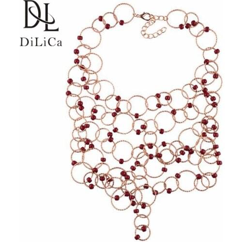 DiLiCa Bohemian Beads Necklace Women Statement Bib Necklace Alloy Geometric Cluster Choker Jewelry Costume Necklaces Pendants