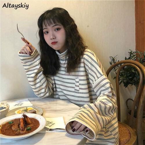T-shirts Women Big Size 4XL Harajuku Striped Chic Korean Classic Popular Teens Tops Soft All-match Womens Long Sleeve Tees Top
