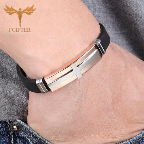 Christian Big Cross Bracelet Retro Mens Wristband Silicone Cuff Bangle Stainless Steel Accessories Boyfriend Birthday Gift