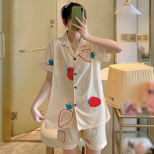 2Pcs Cotton Pajama Sets For Women New Button Cartoon Printed Loungewear Women Cute Home Suit Summer
