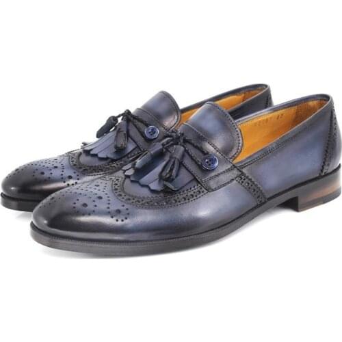 SHENBINs Vintage Patina Kiltie Tassel Loafers with Brogue Cap Toes, Dark Blue, Zebra Leather Soles, Shenbins Handmade Footwear