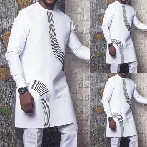 Men African Clothes 2021 New Long Sleeve Vintage Ethnic Print Dashiki Shirt Male Spring Autumn Round Neck Split Casual Tops