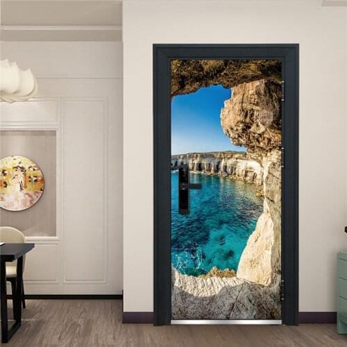 Blue Lake Cave Door Sticker Home Decor Door Wrap Wall Sticker Mural Wallpaper Poster Self Adhesive PVC Removable Door Decal DIY