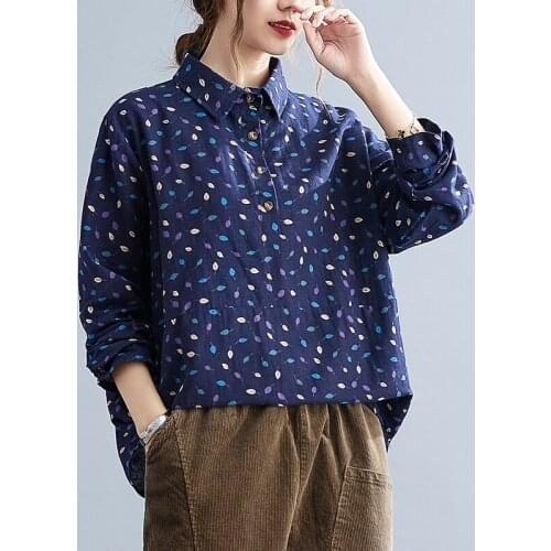 2021 New Arrival Long Sleeve Print Floral Vintage Autumn Blouse Shirts Cotton Linen Loose Casual Blouse All-match Spring Blouse