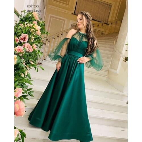 2020 Charming Green Evening Dresses Long High Neck Flowers Tulle Long Sleeve Formal Evening Party Gowns Robe De Soiree Cheap