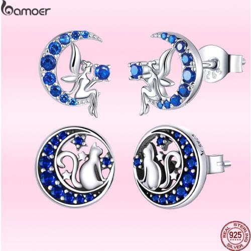 Bamoer Genuine 925 Sterling Silver Cat on the Moon Round Blue Stud Earrings for Women Ear Pins Fine Wedding Jewelry GXE880