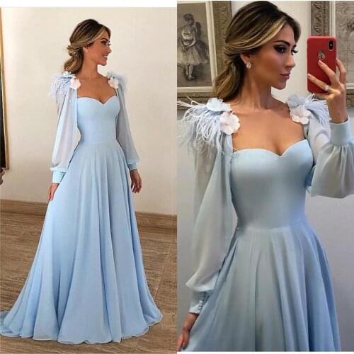 Modest Light Blue Feather Evening Dresses 2021 A Line Long Sleeves Prom Gowns Plus Size Cheap 3D Floral Arabic Party Dress