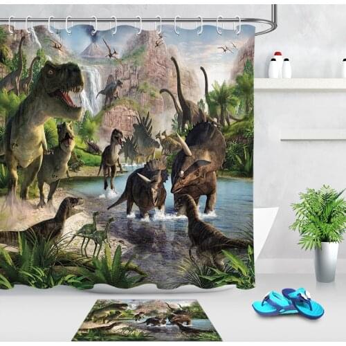 Dinosaur Shower Curtain And Rug Natural Scenery Bathroom Screen Extra Long Waterproof Polyester Fabric for Kids Bathtub Decor
