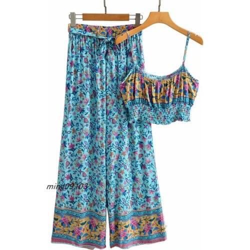 2 piece sets womens outfits new style casual casual printed halter top women high waist loose wide leg pants two piece set