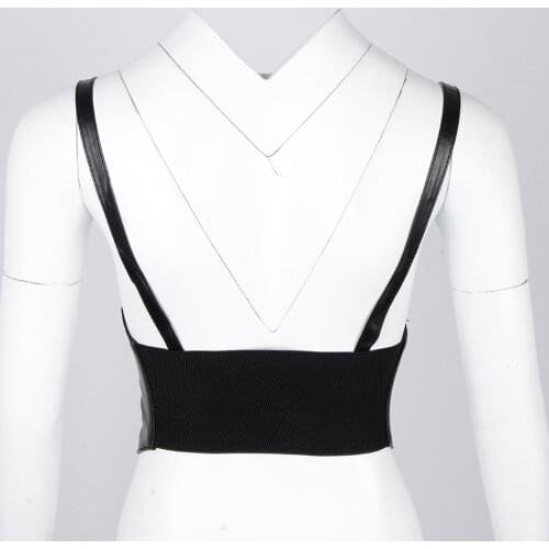 Lady Leather Elastic Wide Waist Band Tied Waistband Corset Black Underbust Belt