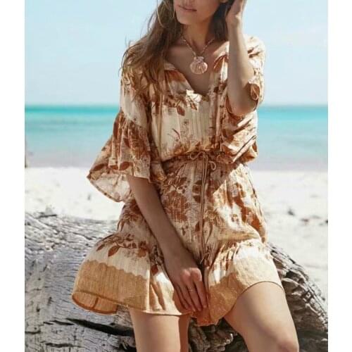 Happie Queens women floral print sashes elestic waist Bohemian mini dress ladies flare sleeve Boho dresses vestidos