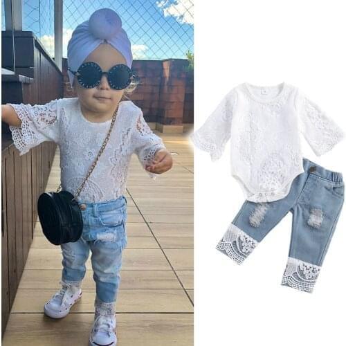 Autumn Baby Girls Clothes Sets Lace Flowers Long Sleeve Romper Tops Blue Denim Pants 2pcs Kids Outfits