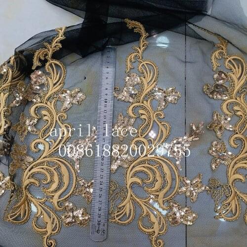 24pcs htt0034 # gold beads embroideryblack net mesh pattern lace fabric for evening dress/wedding