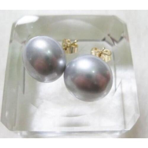 Free shipping Gorgeous AAA 11-12mm south sea gray natural pearl earring 14k/20 yellow gold