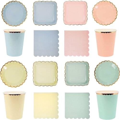 Bronzing Disposable Birthday Party Square Plate Pink Yellow Blue Green Cup Napkin Birthday Wedding Party Decor Supplies