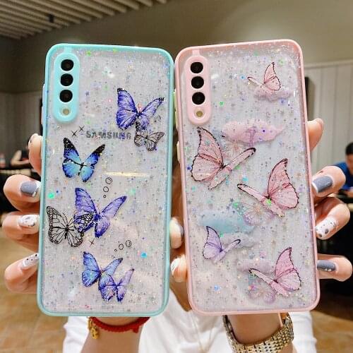 Camera Protection Phone Case For Samsung S20 FE S21 Ultra A32 A42 A12 A52 A72 A31 A51 A71 A50 Clear Glitter Butterfly Soft Shell