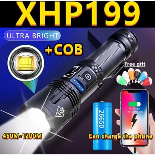 NEW Ultra Bright XHP199 16 CORE COB LED Flashlight USB Rechargeable Zoom led 5Modes Tactial Flashlight Torch 18650/26650 Battery