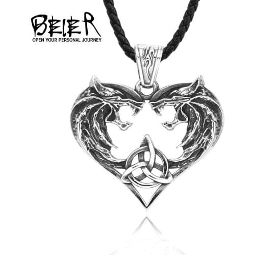 Exquisite Two Wolves Pendant Stainless Steel viking Amulet Lover Making A Heart Jewelry For Couples